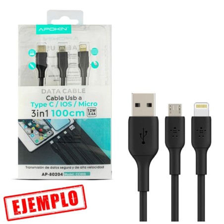 Cable de Datos y Carga 3en1 USB a Lightning, MicroUSB y Tipo C 1M 2.4A